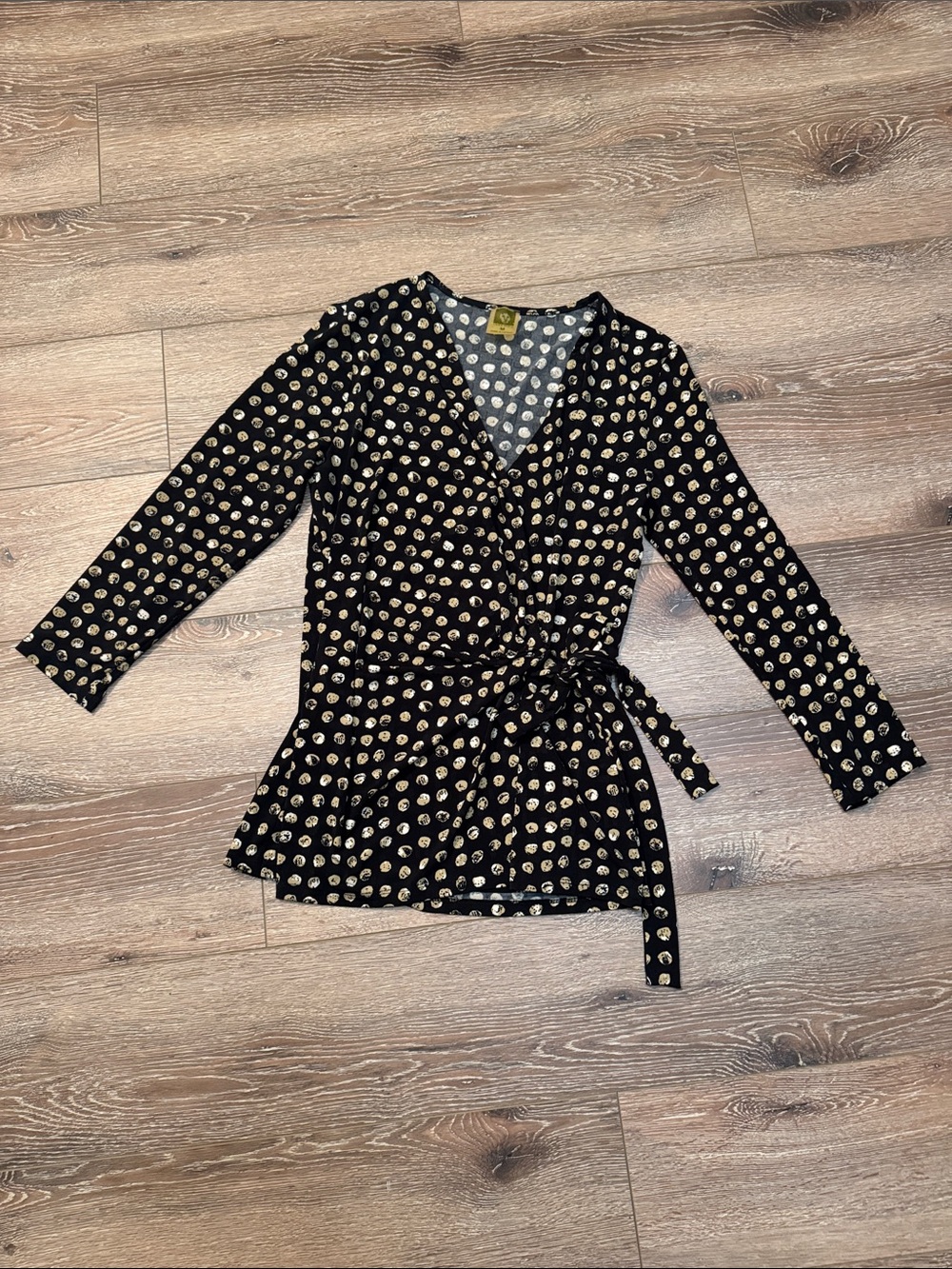 Anne Klein Black Wrap Style Blouse with Cream Dot Motif Size: Medium